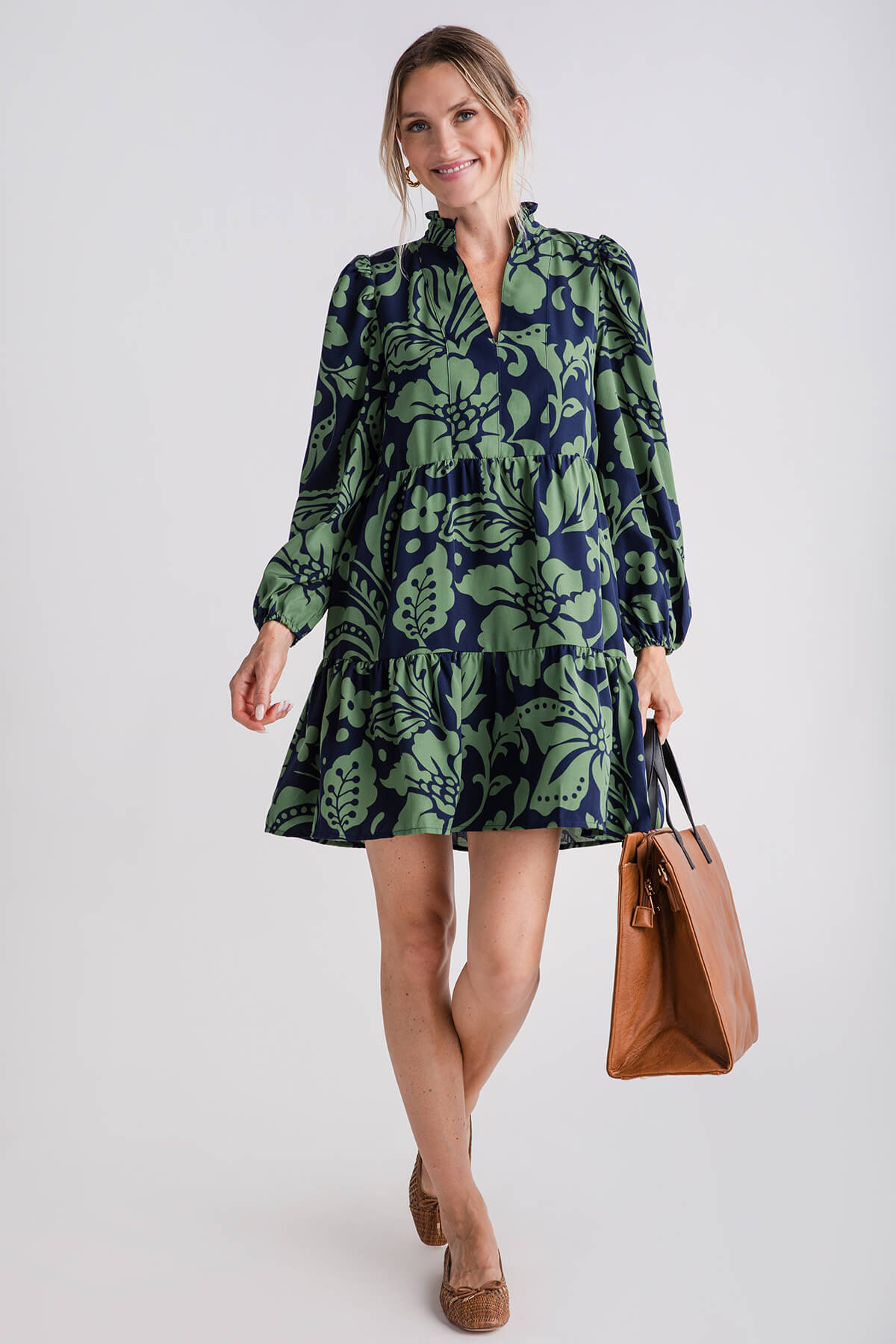 THML Long Sleeve Flower Print Tiered Dress