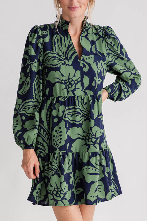 THML Long Sleeve Flower Print Tiered Dress