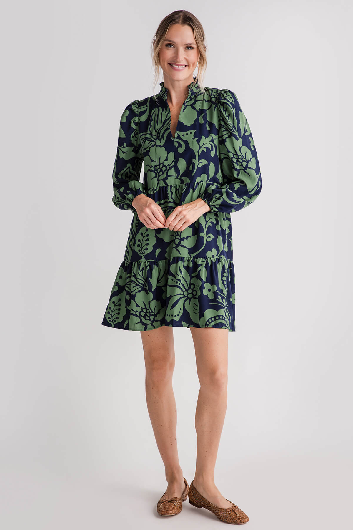 THML Long Sleeve Flower Print Tiered Dress