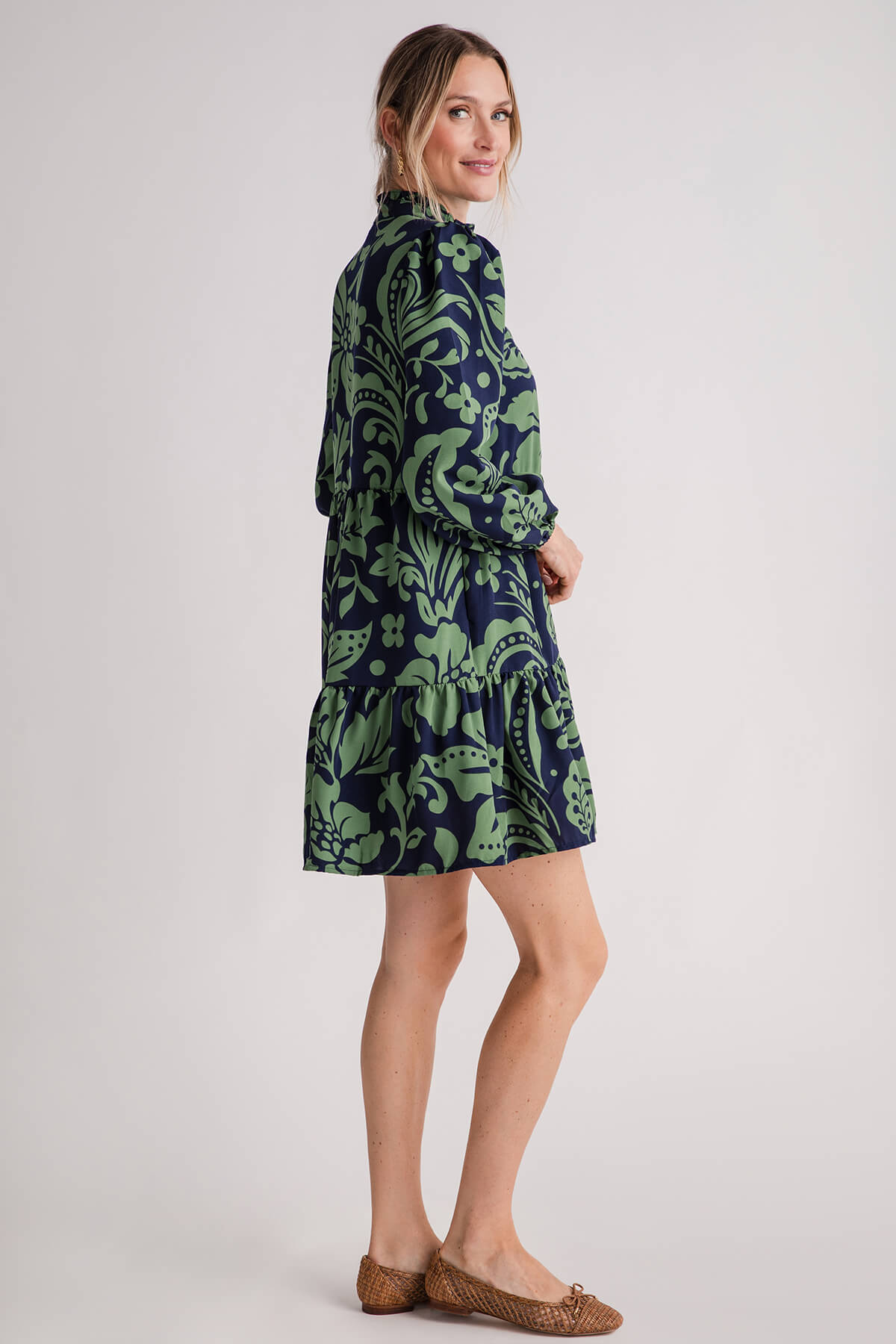 THML Long Sleeve Flower Print Tiered Dress