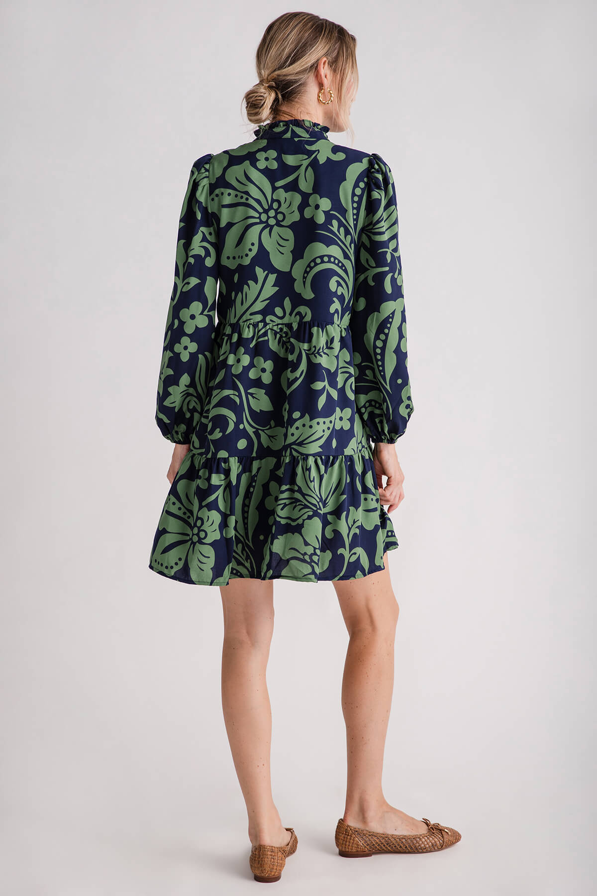 THML Long Sleeve Flower Print Tiered Dress