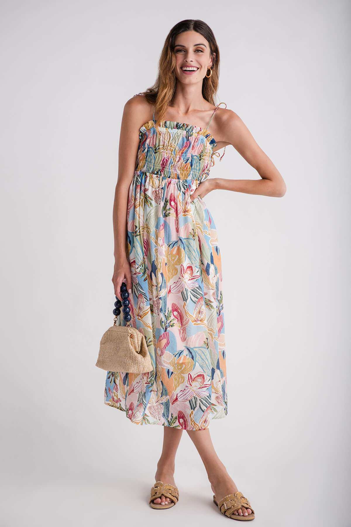 THML Smocked Bodice Tie Printed Maxi Dress