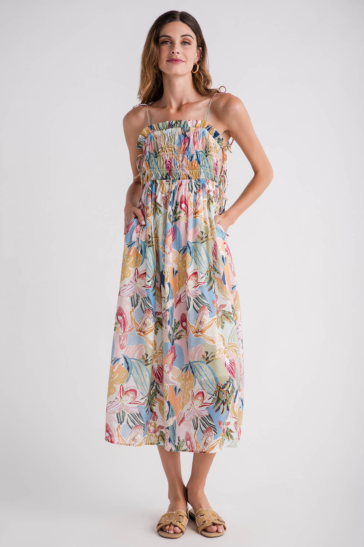 THML Smocked Bodice Tie Printed Maxi Dress