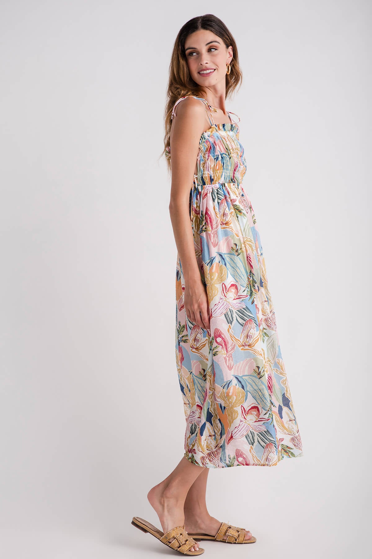 THML Smocked Bodice Tie Printed Maxi Dress