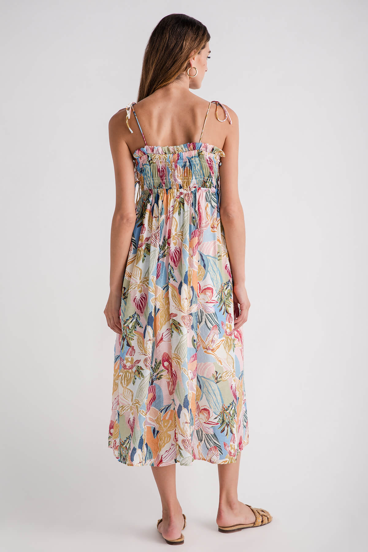 THML Smocked Bodice Tie Printed Maxi Dress