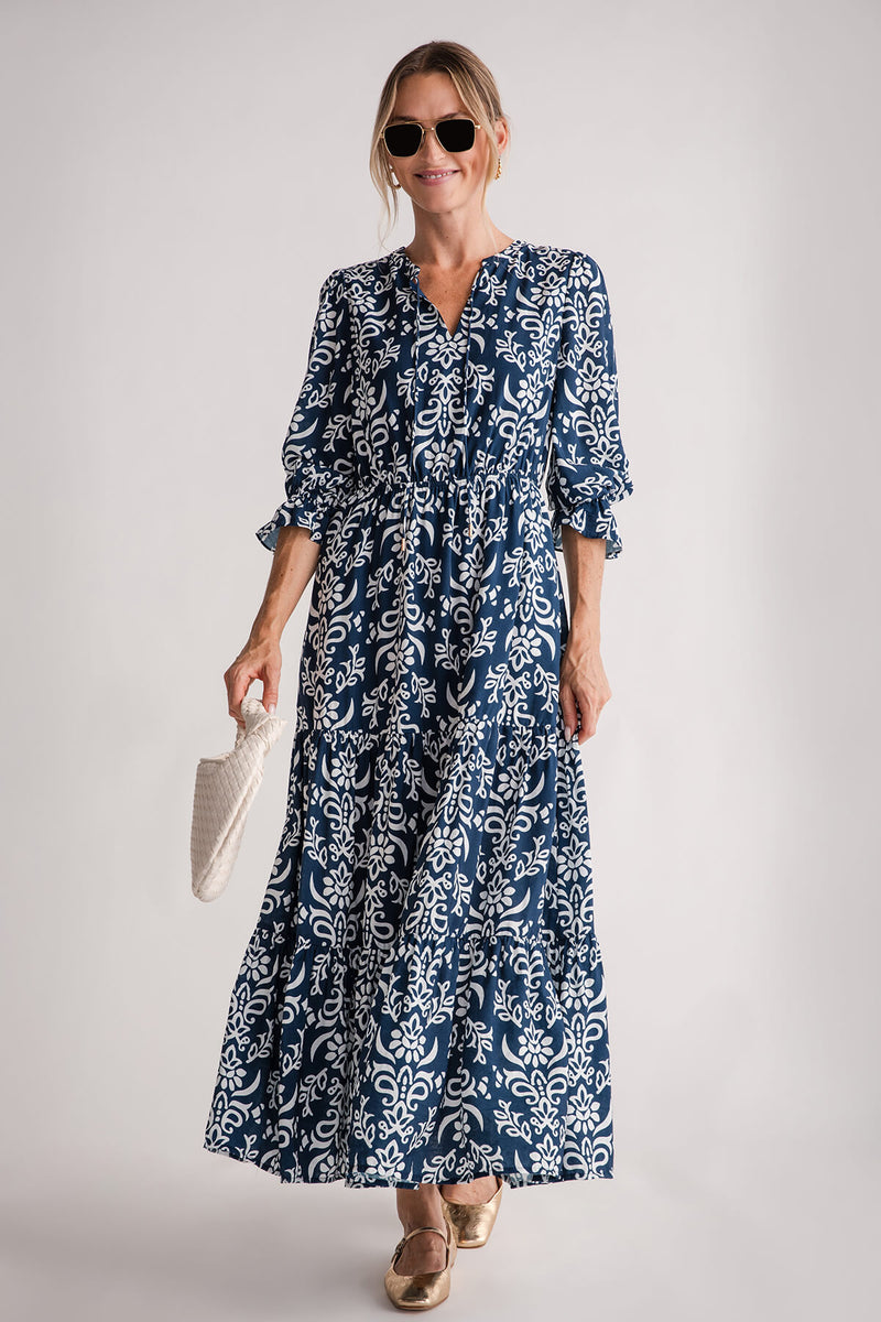 Skies Are Blue Printed Split Neck Ruffle Maxi Dress