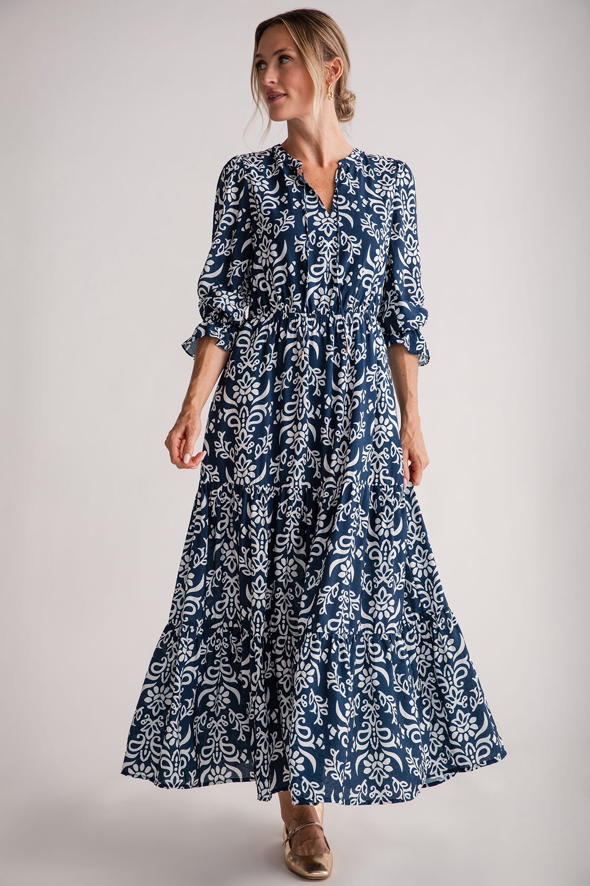 Skies Are Blue Printed Split Neck Ruffle Maxi Dress