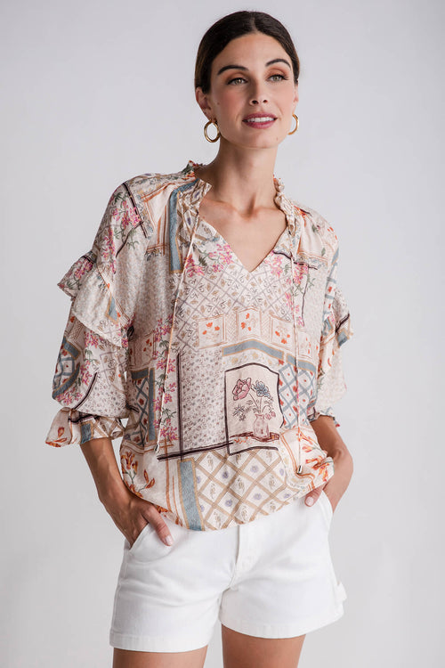 THML Patch Print Ruffle Long Sleeve Top