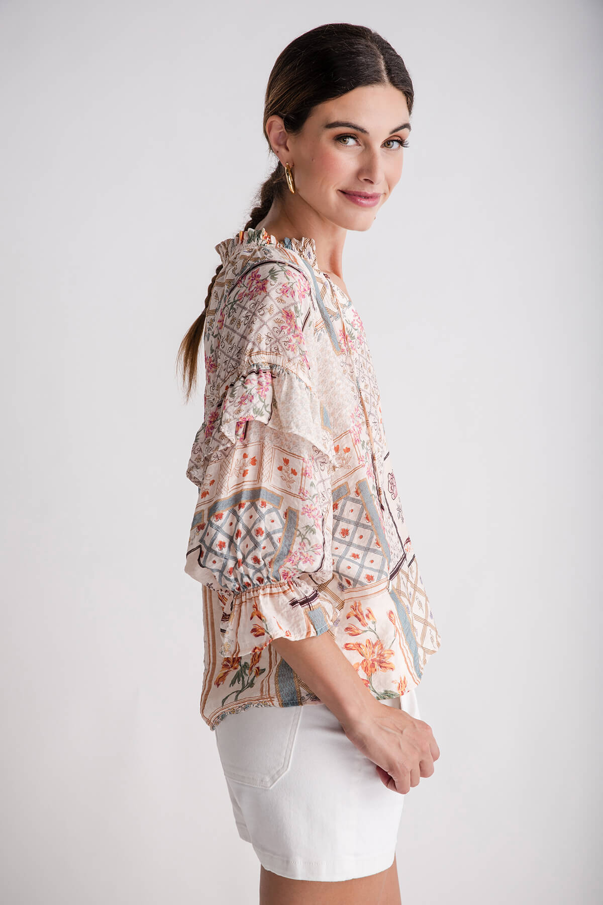 THML Patch Print Ruffle Long Sleeve Top