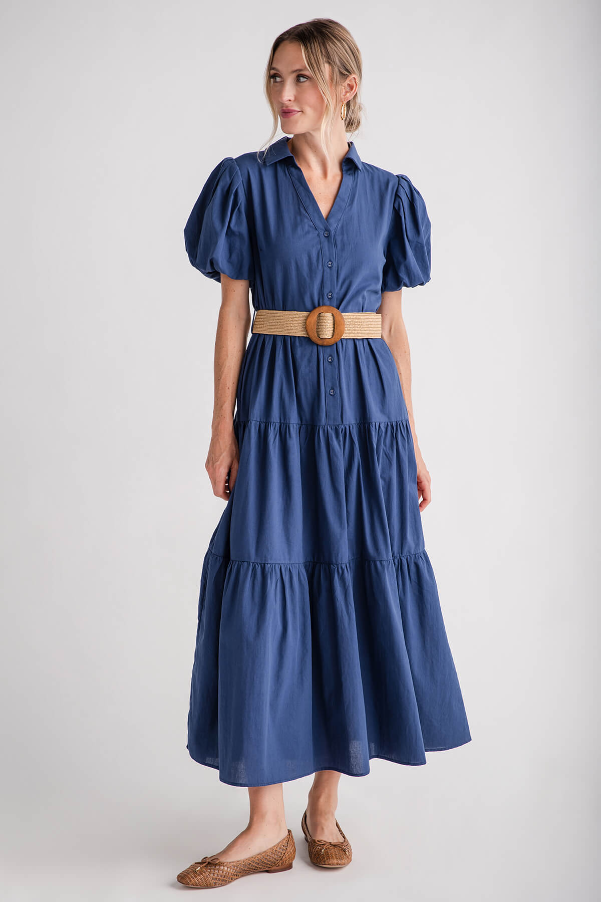 Pinch Buttondown Belted Maxi Dress