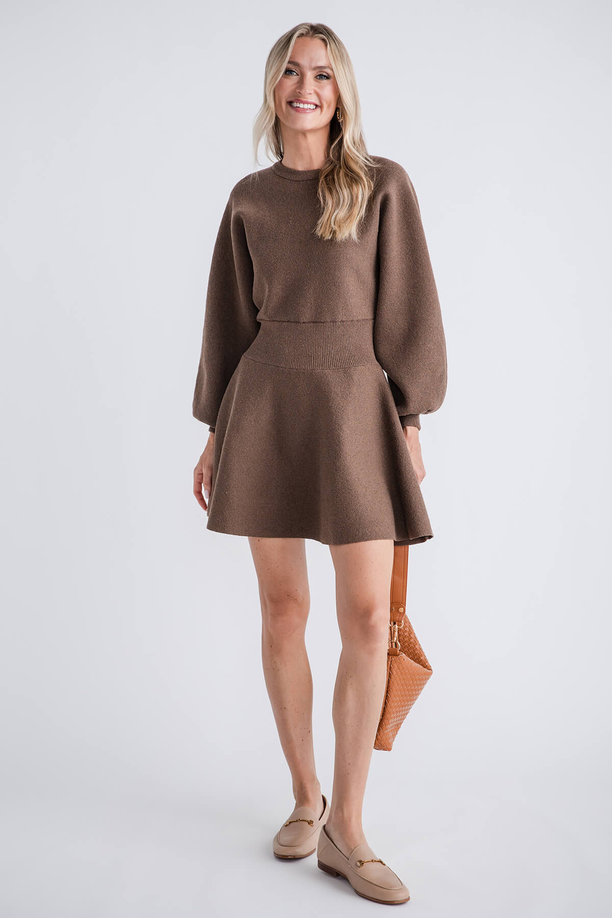 Miou Muse Balloon Sleeve Sweater Dress Large Mocha