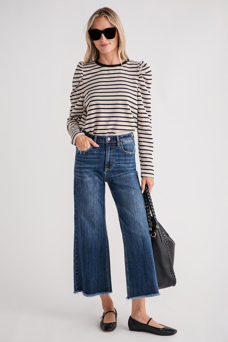 AnnieWear Stripe Puff Sleeve FrenchTerry Top