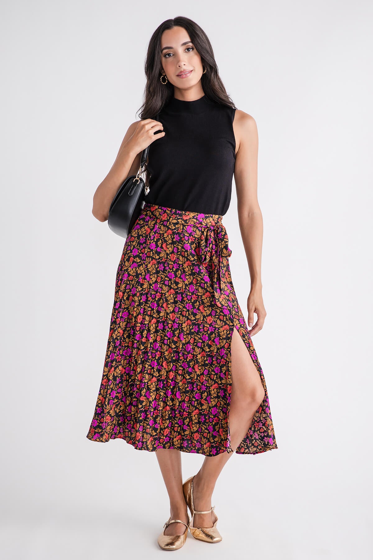 Skies Are Blue Pleated Print Midi Skirt Small Black Magenta