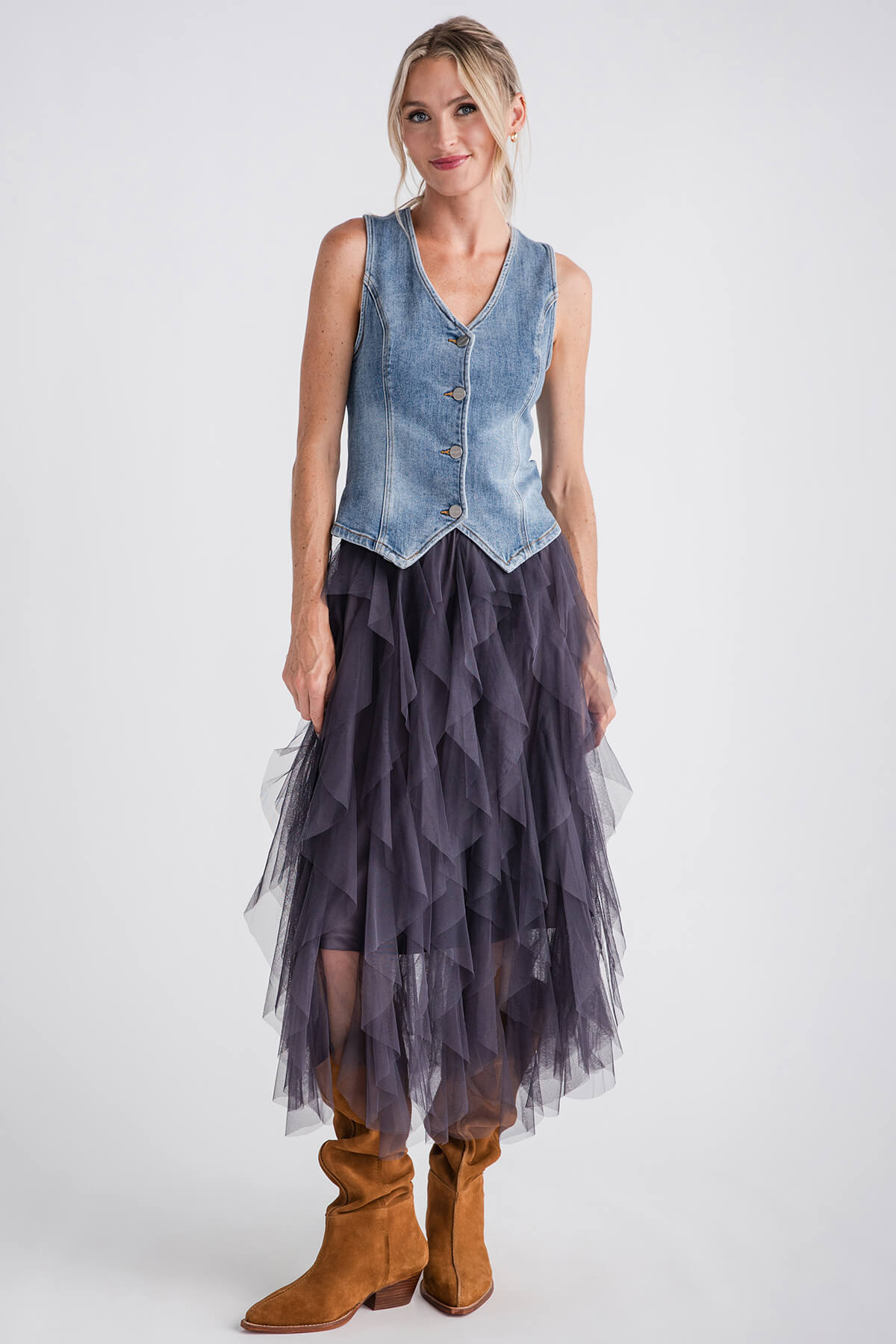 Blu Ivy Spiral Ruffled Tulle Midi Skirt