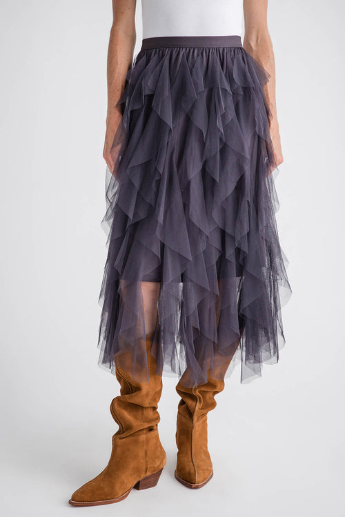 Blu Ivy Spiral Ruffled Tulle Midi Skirt