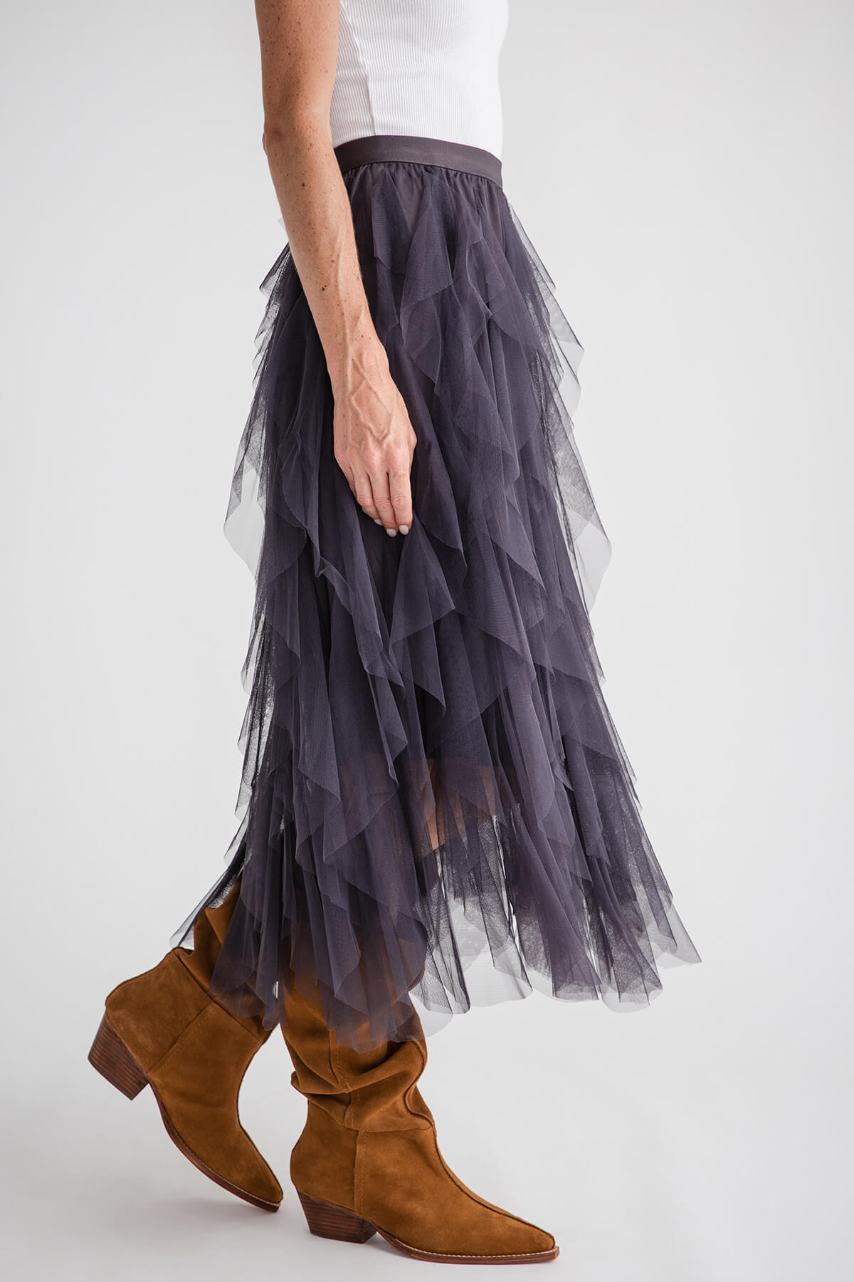 Blu Ivy Spiral Ruffled Tulle Midi Skirt