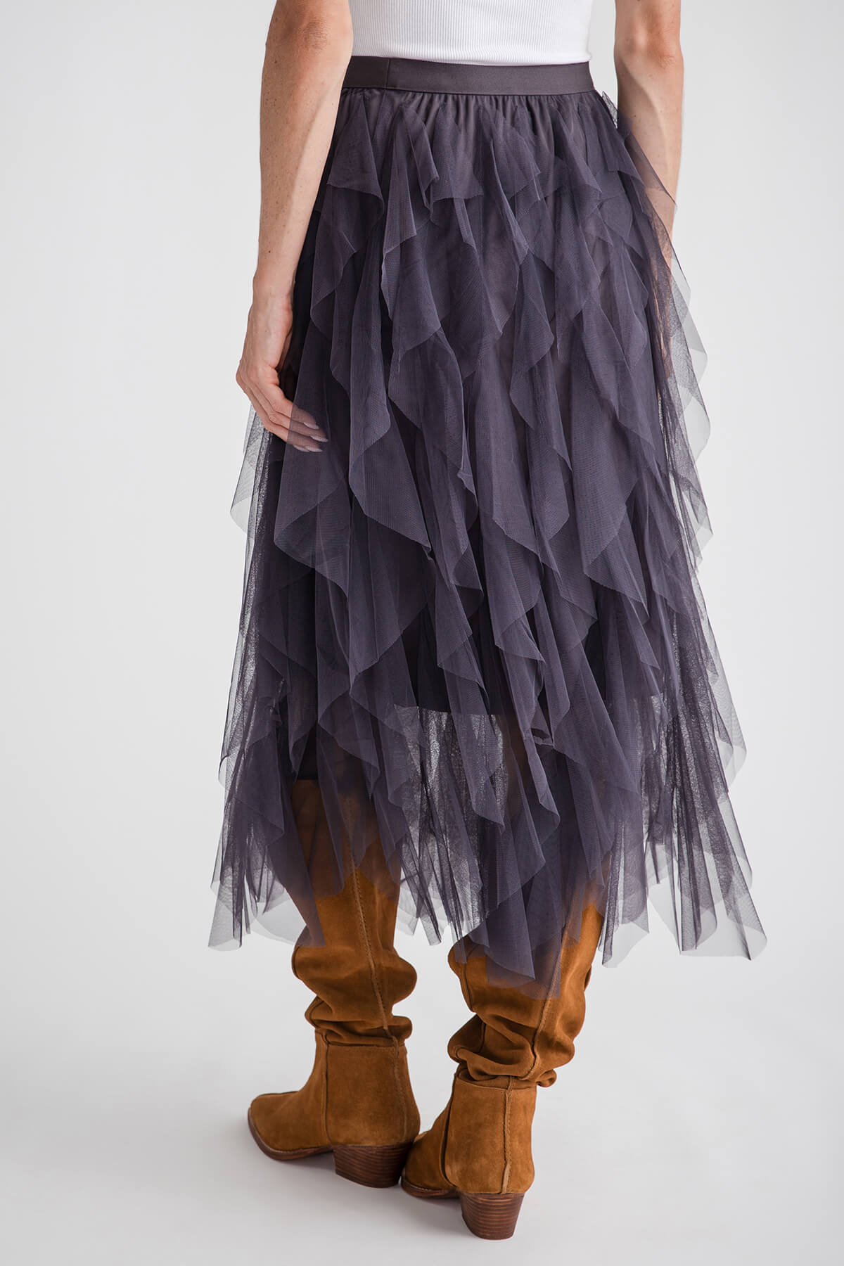 Blu Ivy Spiral Ruffled Tulle Midi Skirt