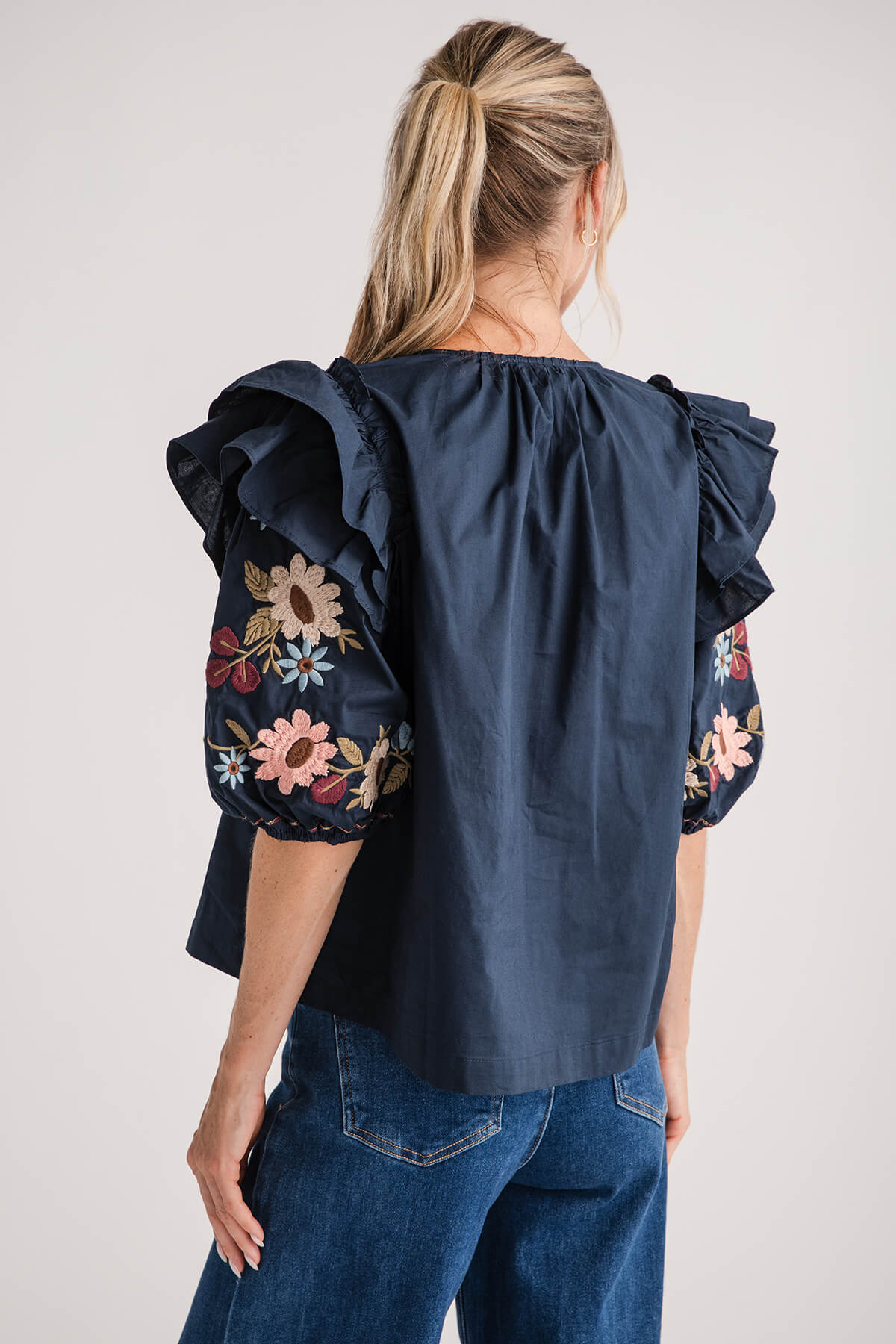 Mable Embroidered Ruffle Shoulder Puff Sleeve Blouse