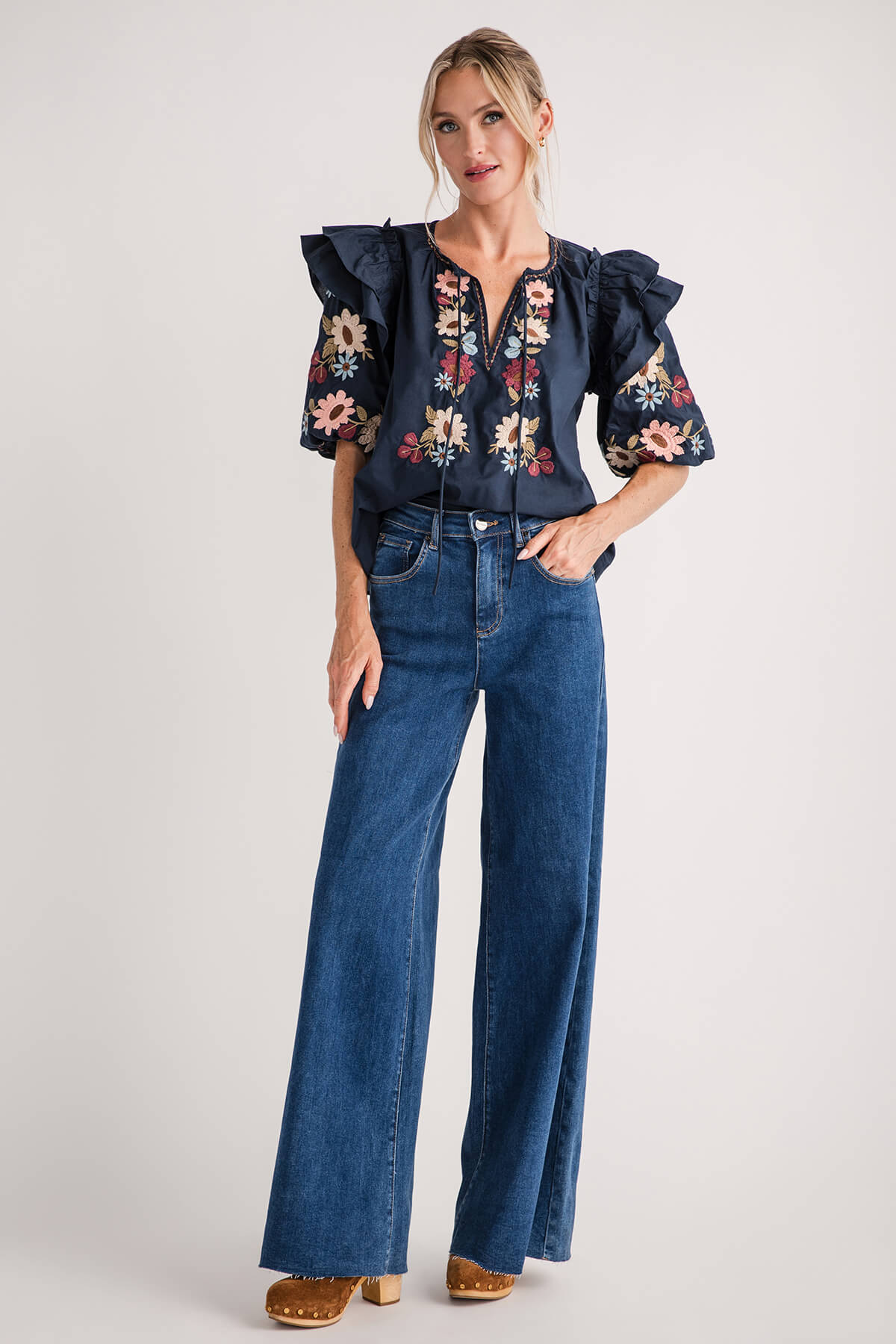 Mable Embroidered Ruffle Shoulder Puff Sleeve Blouse