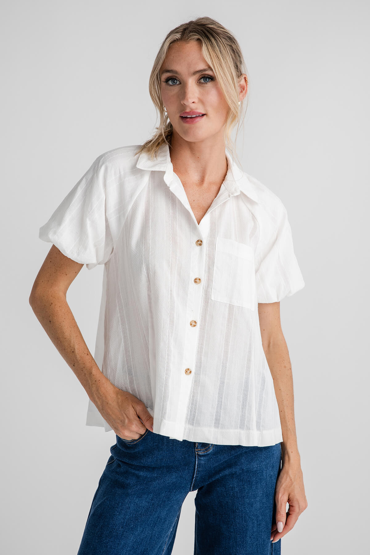 Hem & Thread Button Down Bubble Sleeve Blouse