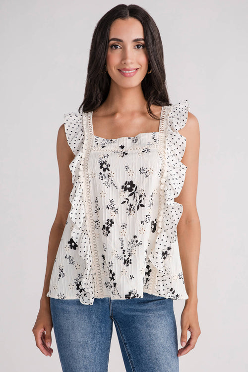 Davi & Dani Eyelet Embroidered Square Neck Ruffle Sleeve Top