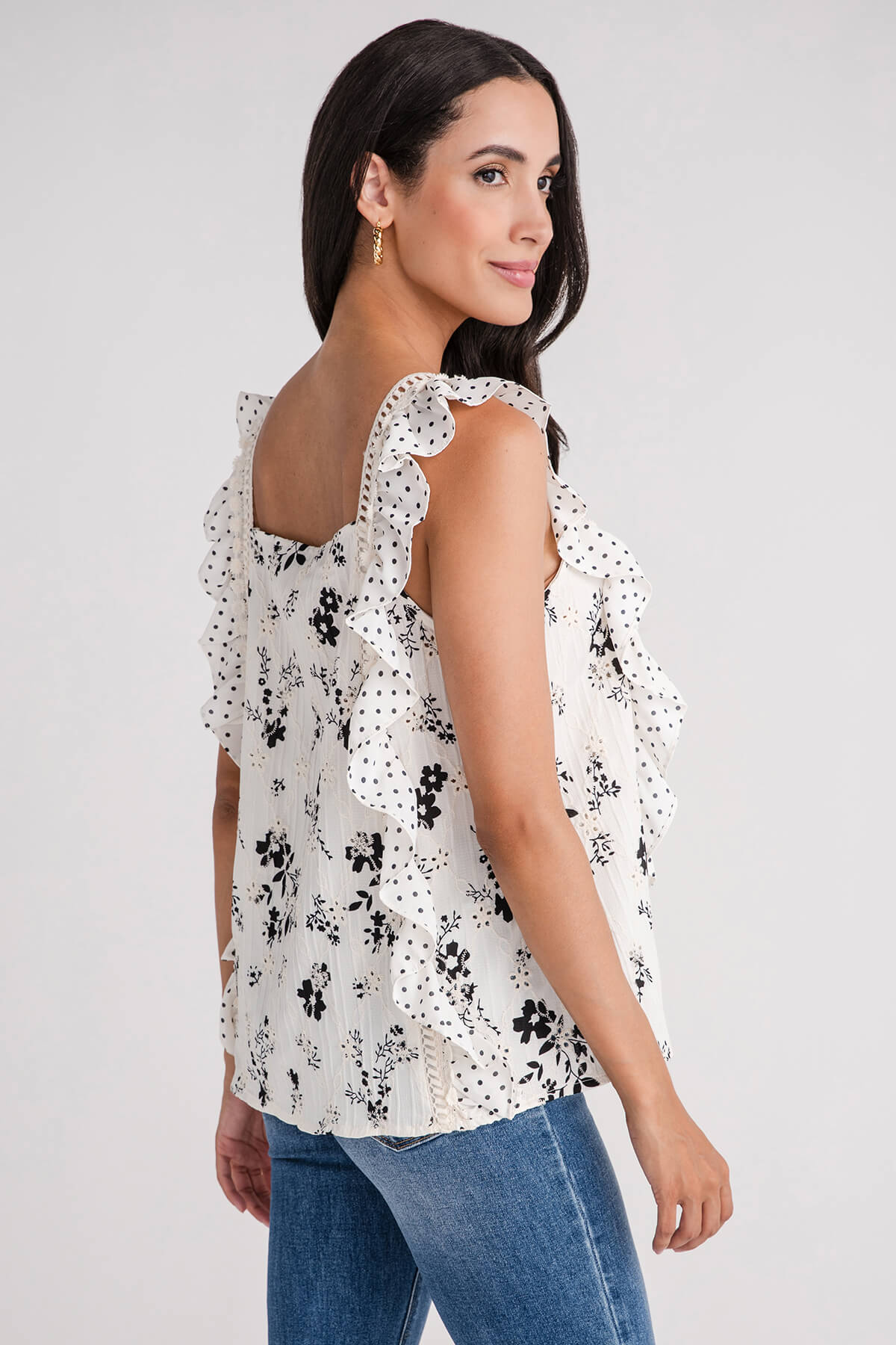 Davi & Dani Eyelet Embroidered Square Neck Ruffle Sleeve Top