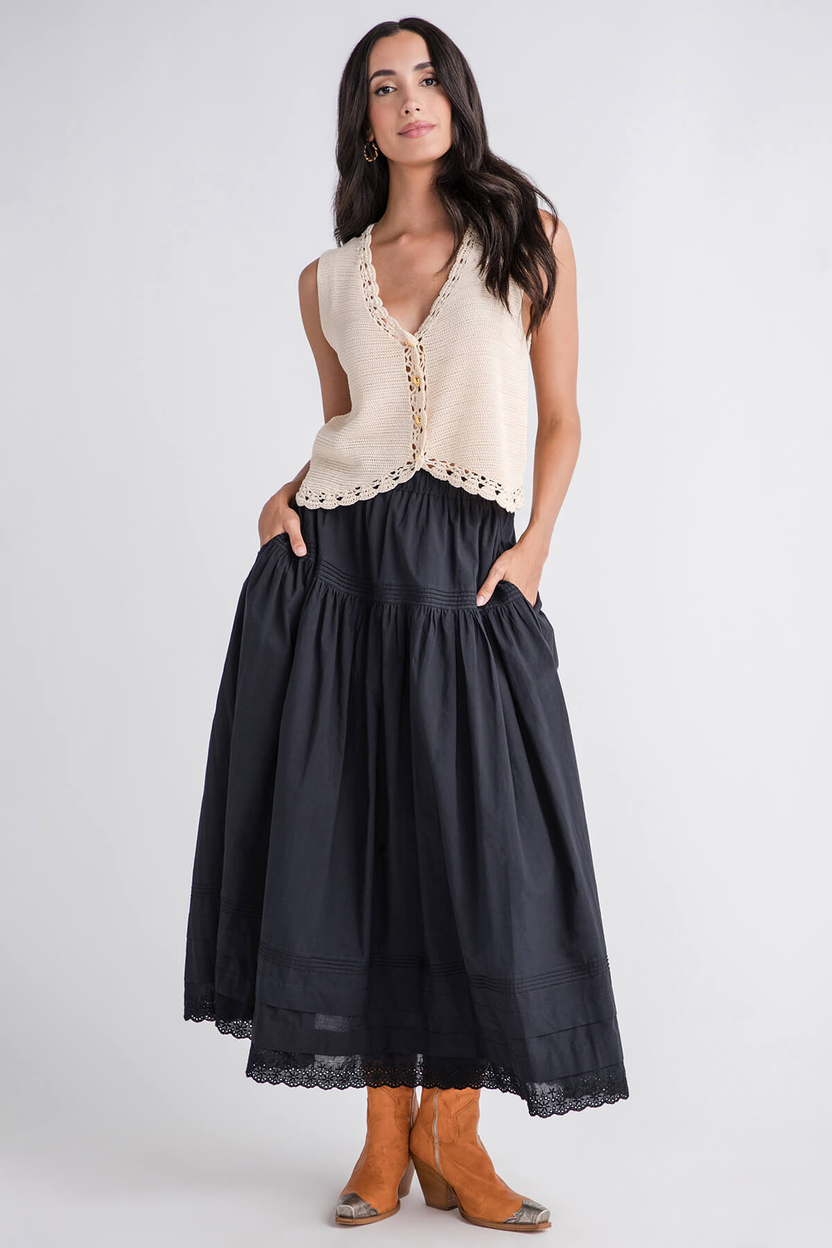 Mable Tiered Pintuck Eyelet Lace Trimmed Midi Skirt