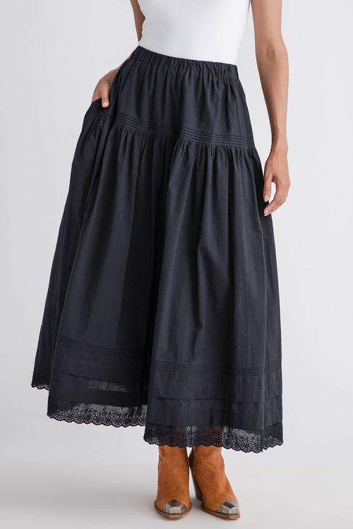 Mable Tiered Pintuck Eyelet Lace Trimmed Midi Skirt