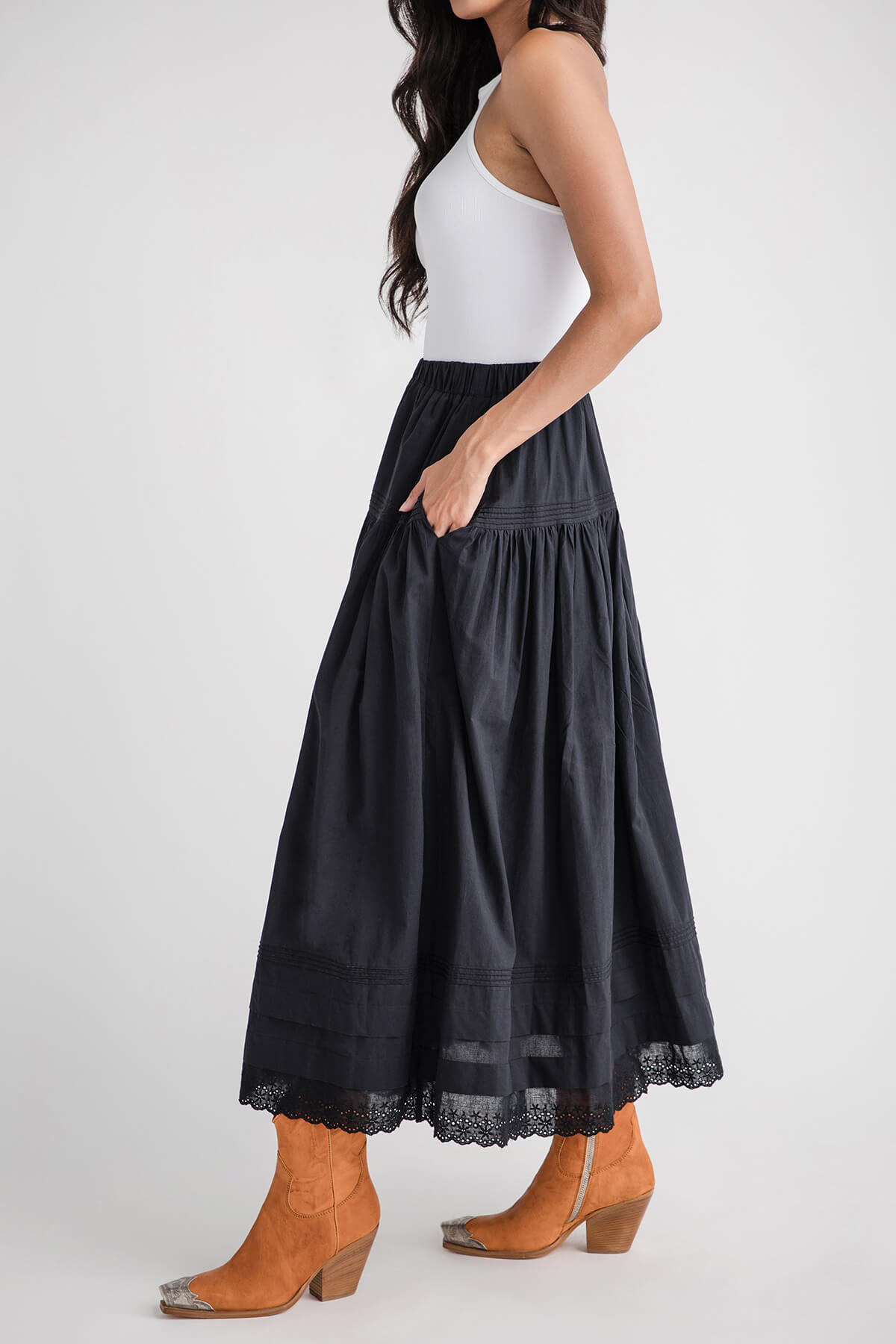 Mable Tiered Pintuck Eyelet Lace Trimmed Midi Skirt