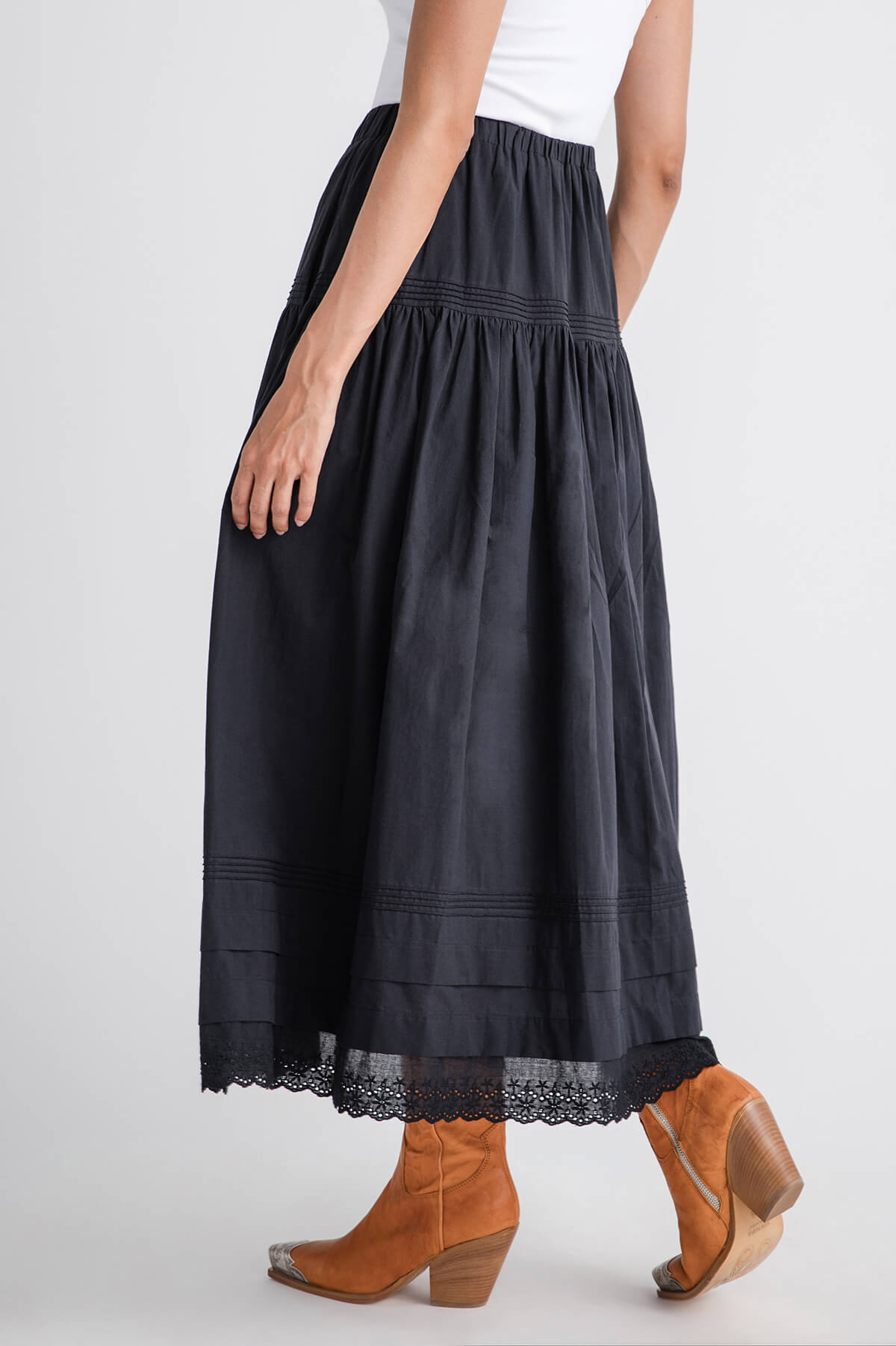 Mable Tiered Pintuck Eyelet Lace Trimmed Midi Skirt