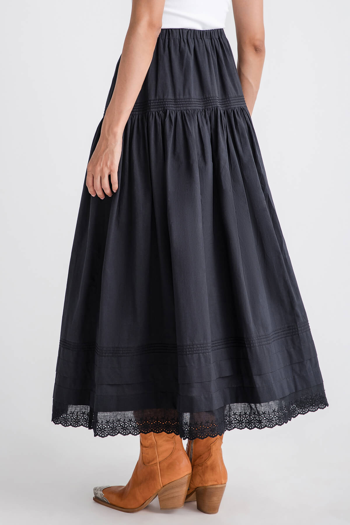 Mable Tiered Pintuck Eyelet Lace Trimmed Midi Skirt