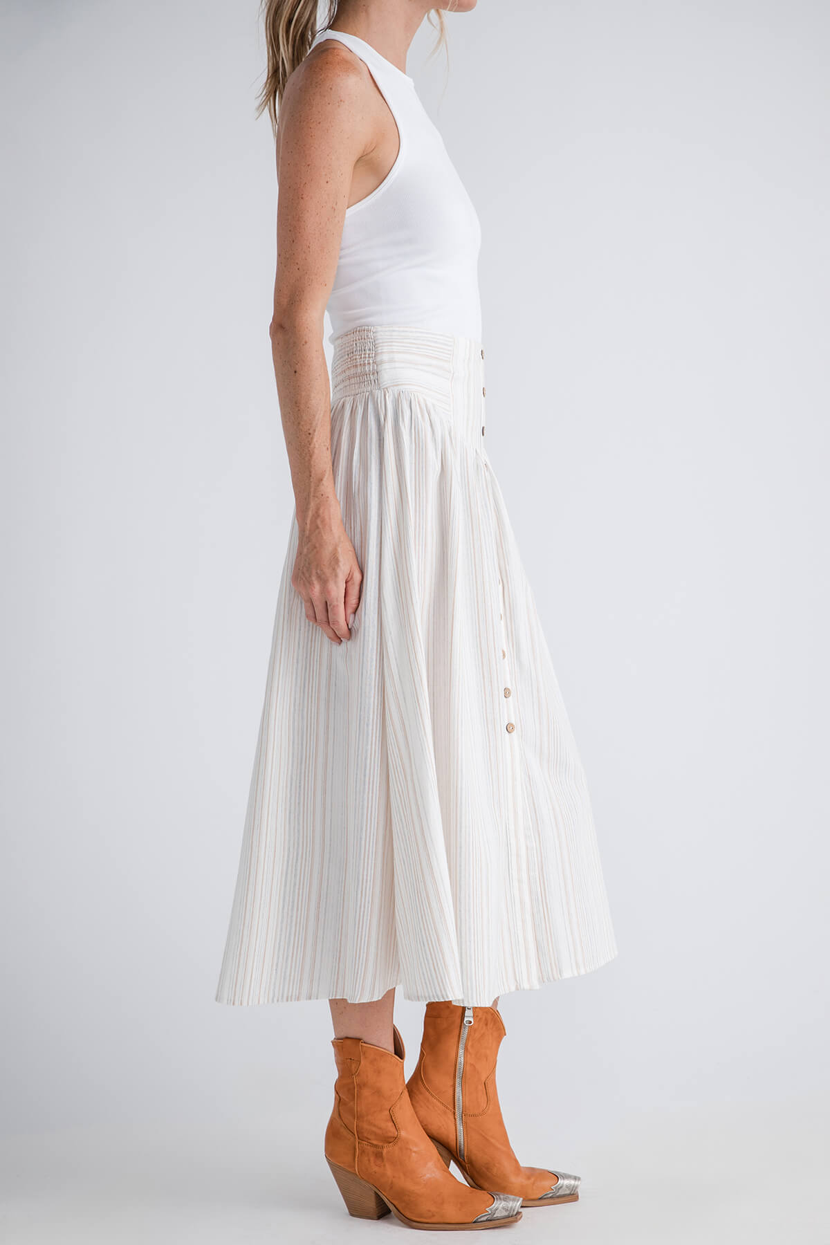 Hem & Thread Button Front Striped Midi Skirt