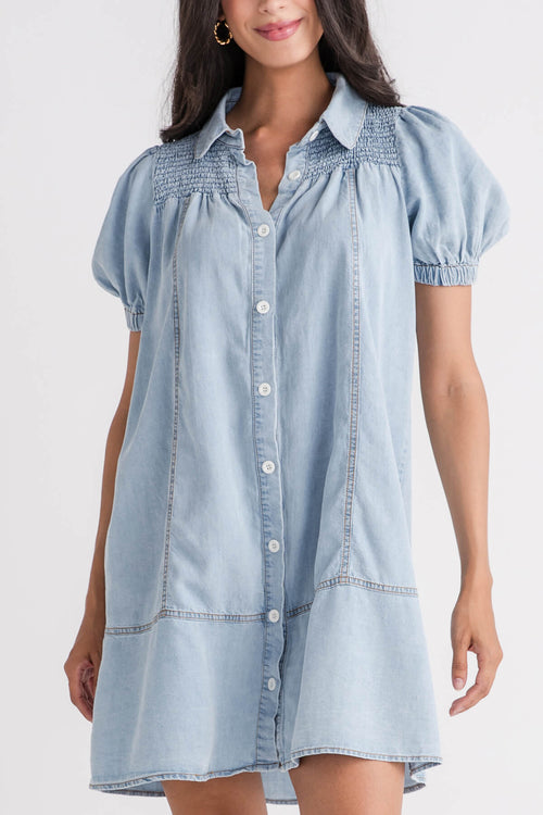 So Me Washed Denim Smocked Yoke Button Up Shirt Dress