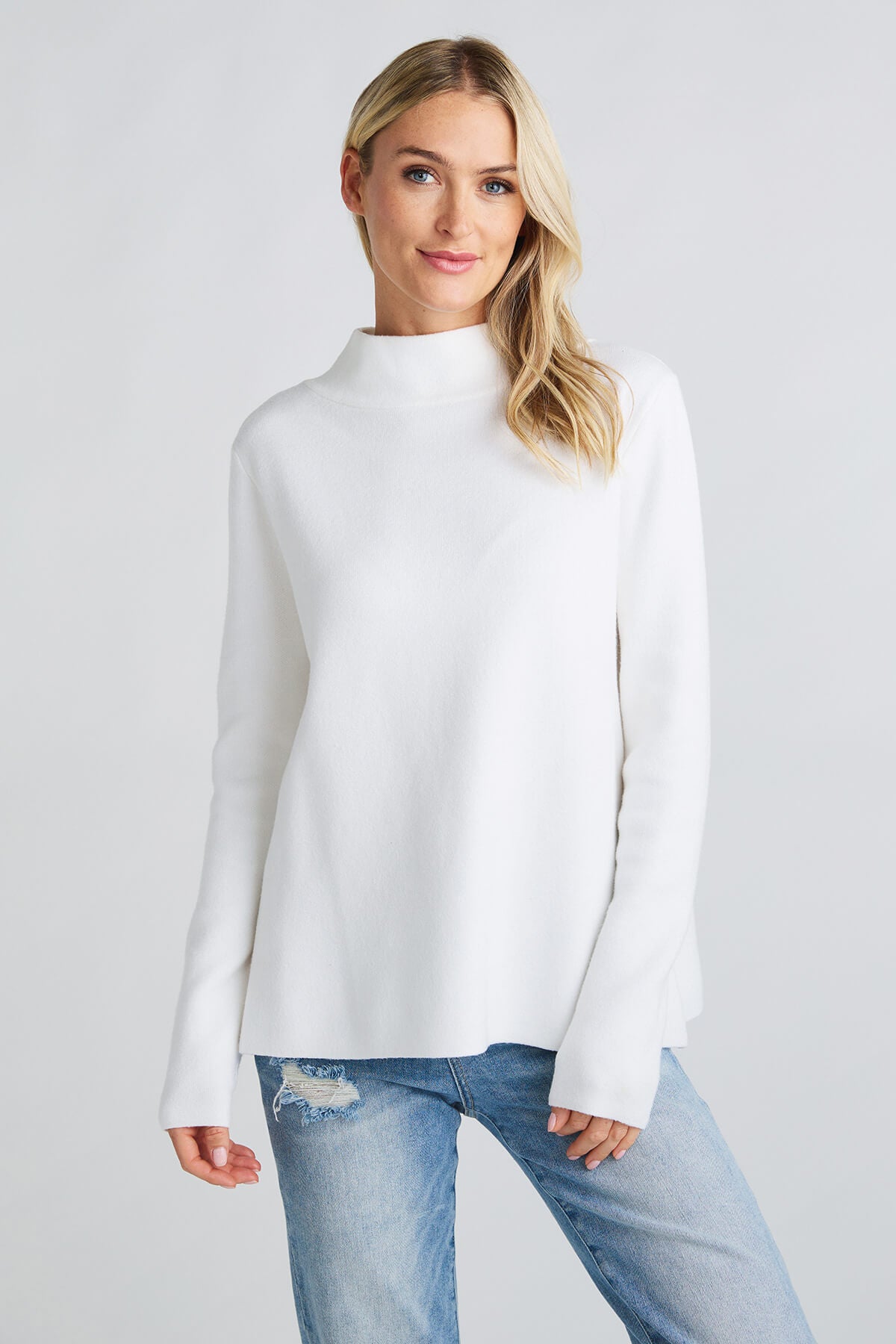 Korean fashion - white turtleneck sweater, jeans, grey coat, white