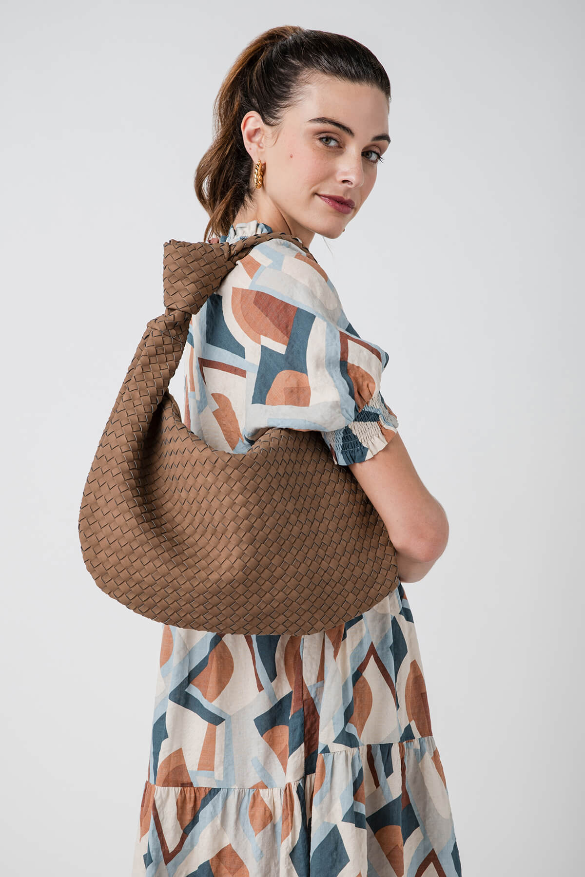 Melie Bianco Knotted Woven Vegan Suede Large Bag