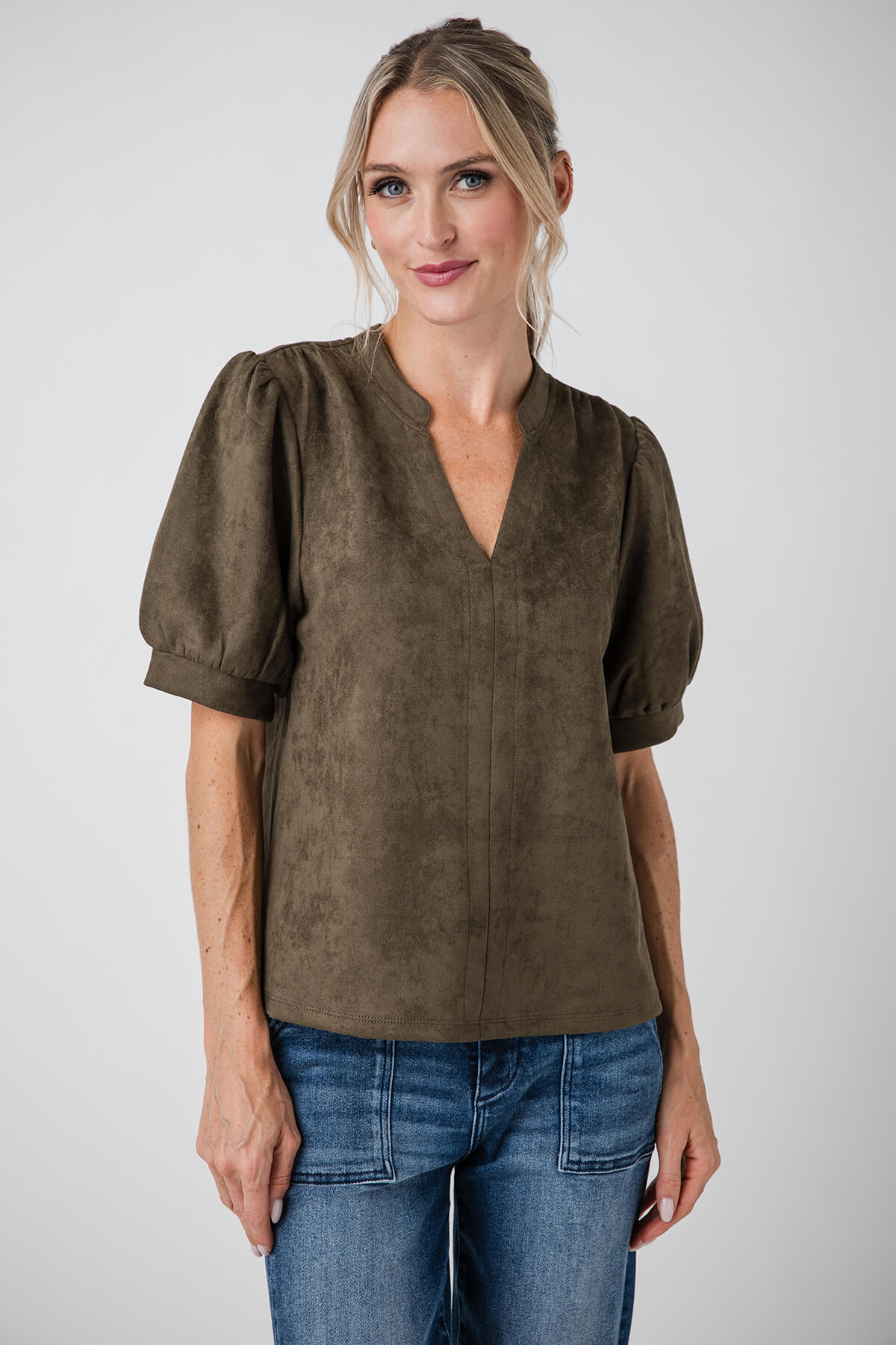 THML Faux Suede Short Puff Sleeve Top