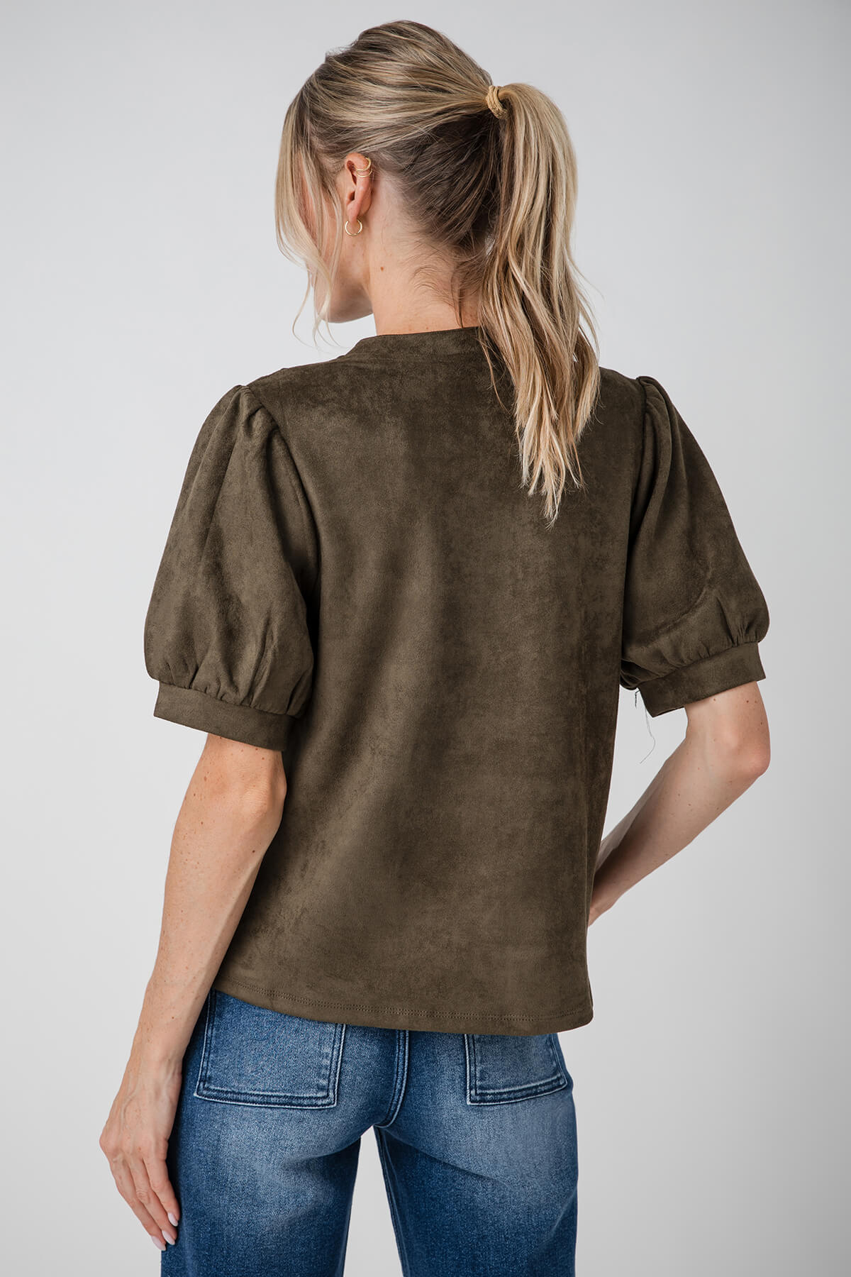 THML Faux Suede Short Puff Sleeve Top