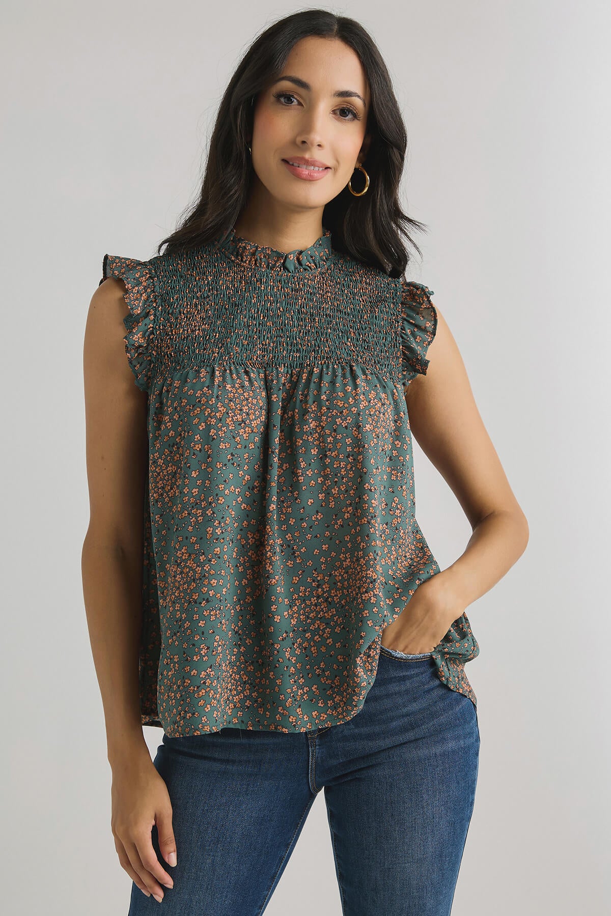 Smocked sales sleeveless top