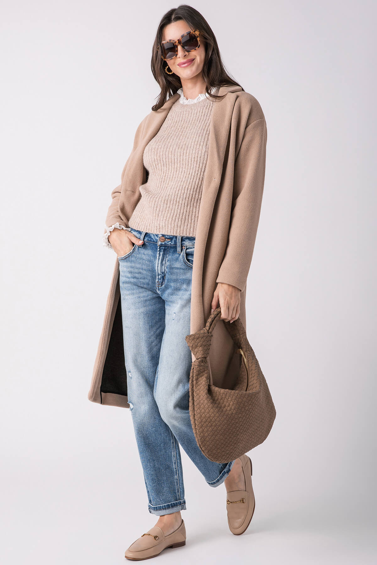 Pinch Knit Combo Ruffle Neck Sweater