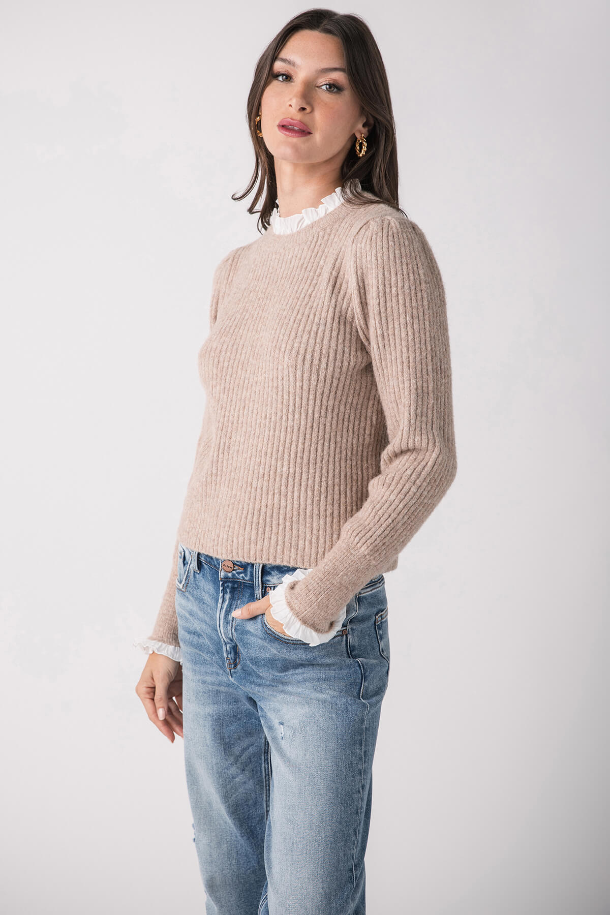 Pinch Knit Combo Ruffle Neck Sweater