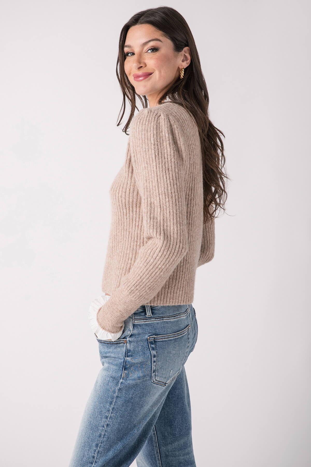 Pinch Knit Combo Ruffle Neck Sweater