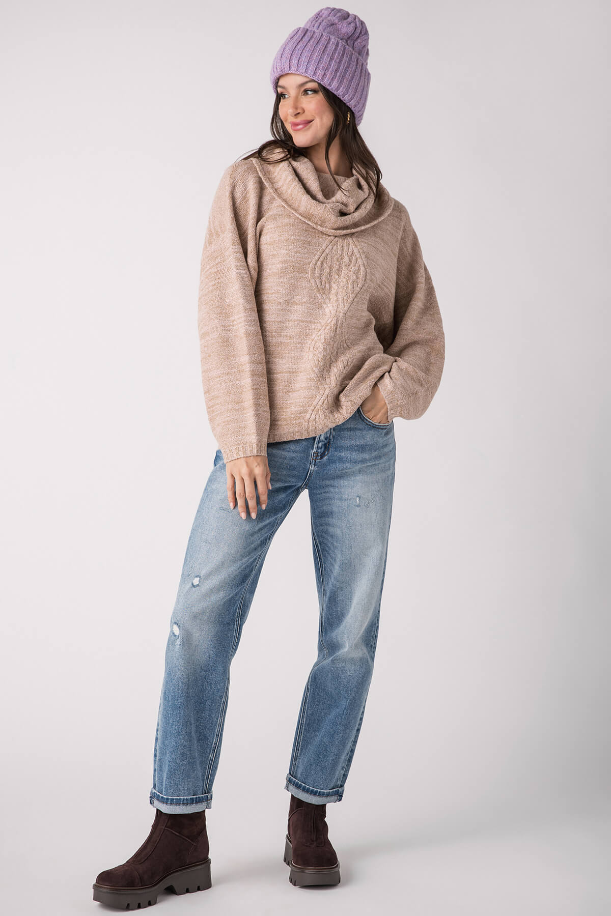 Fate Marled Yarn Cowl Neck Long Sleeve Sweater