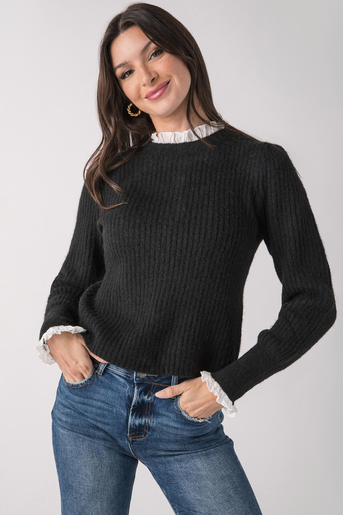 Pinch Knit Combo Ruffle Neck Sweater