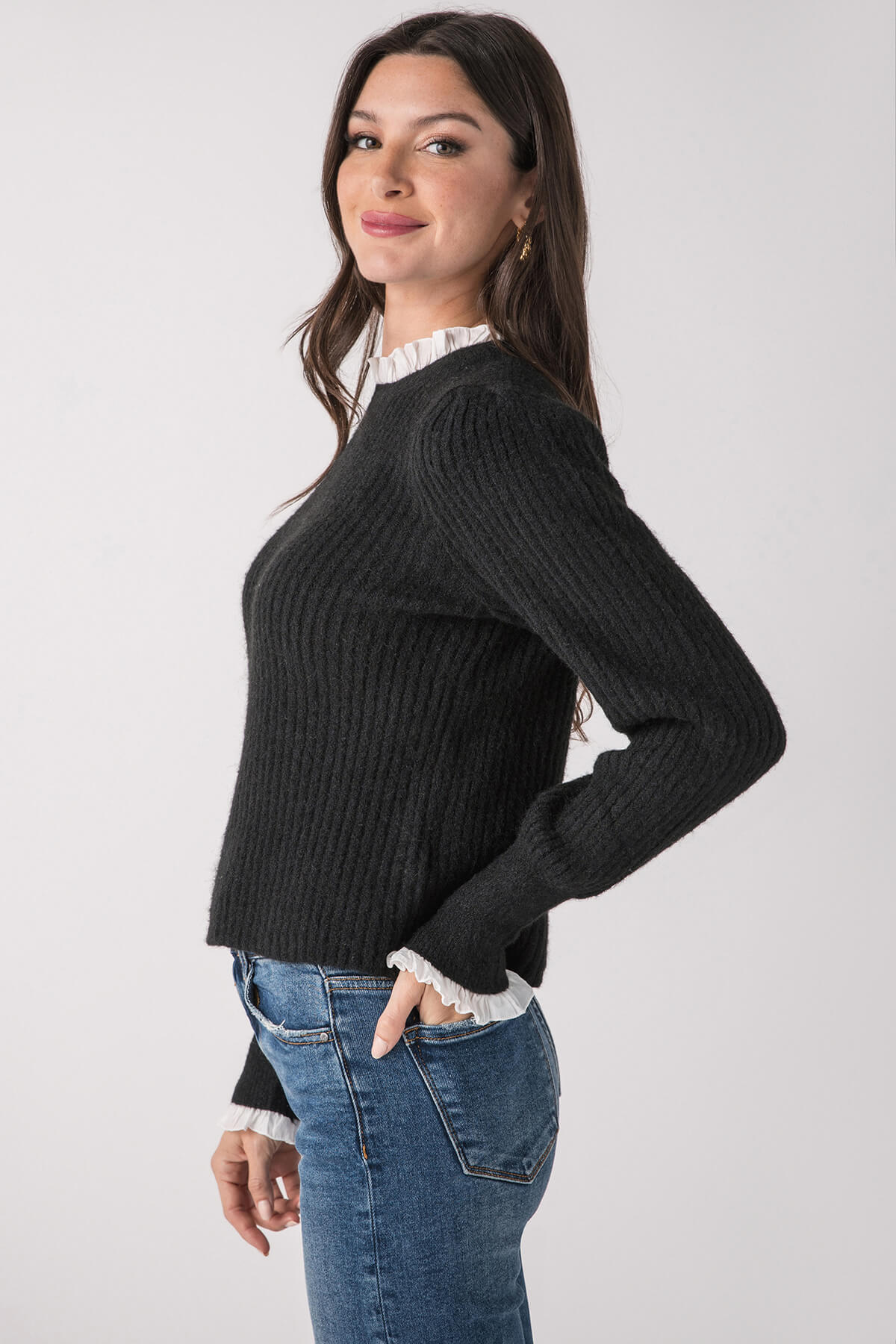 Pinch Knit Combo Ruffle Neck Sweater