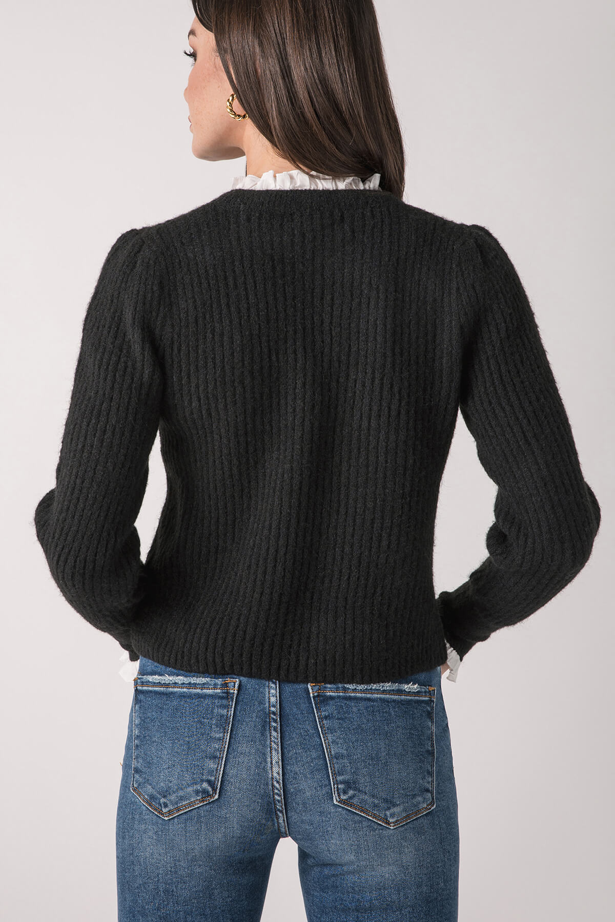 Pinch Knit Combo Ruffle Neck Sweater