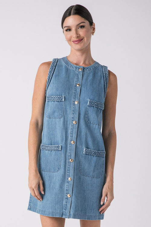 Lalavon Braided Denim Pocket Front Sleeveless Mini Dress