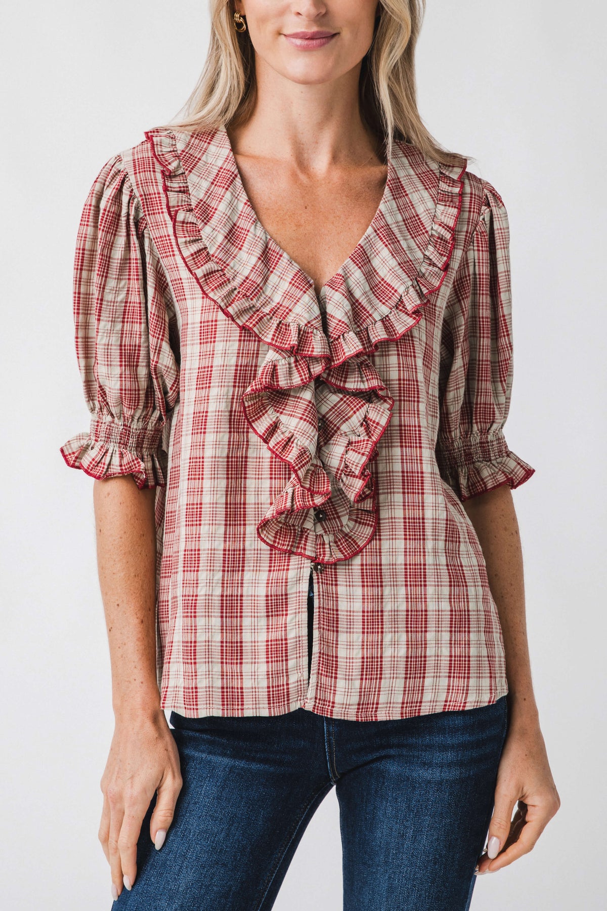 Easel Plaid Flounce Collared Blouse