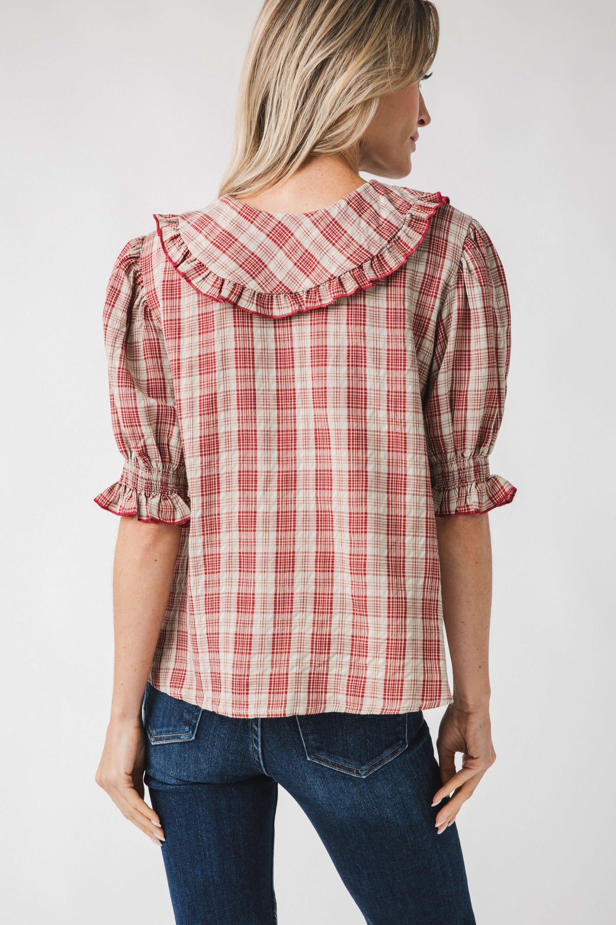 Easel Plaid Flounce Collared Blouse