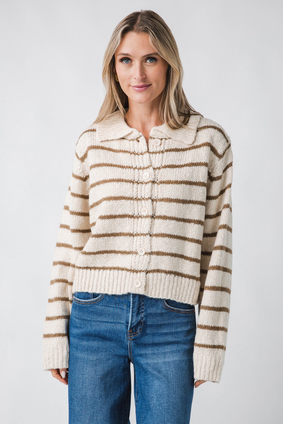 Miou Muse Buttondown Striped Knitted Cardigan