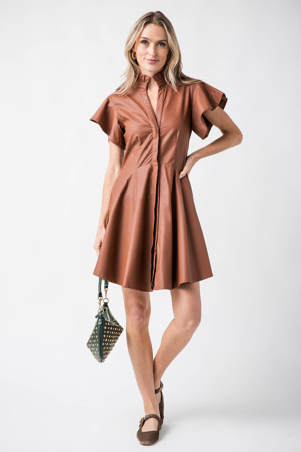 THML Faux Leather Flutter Sleeve Dress